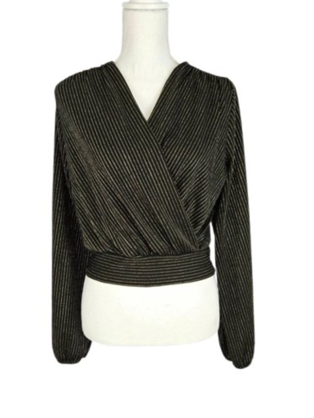21 Saints Women’s Wrap Crop Top Metallic Stripe V Neck Long Sleeve Size L